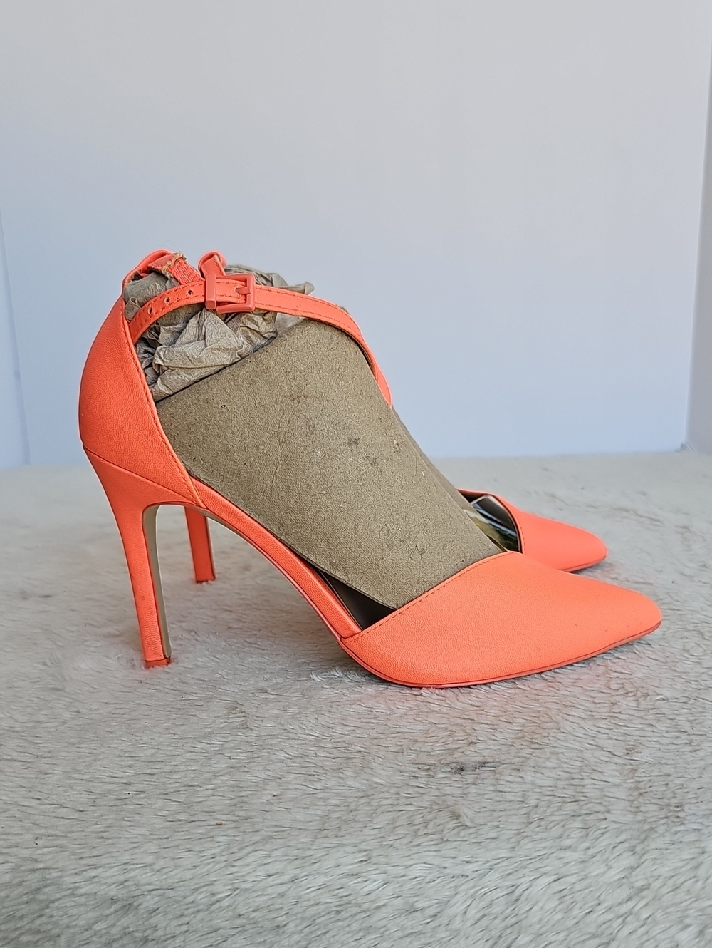 Call It Spring Neon Orange Pointed Toe Ankle Strap Heels Vegan Size 6